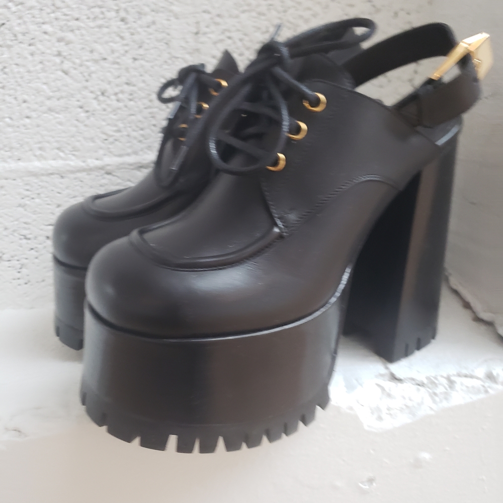 Versace Black Platform Heels with Gold Accents